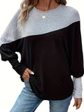 vlovelaw  Color Block Long Sleeve Casual Top, Round Neck Sports Loose Thin Sweatshirt, Women's Clothing