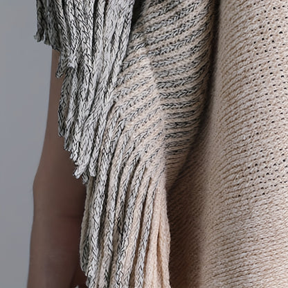 vlovelaw Stretch Pullover Knit Shawl Casual Striped Tassel Wrap Shawl Loose Simple Outerwear Cape Autumn Winter Jacket