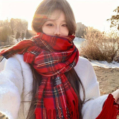 Elegant Red Plaid Scarf For Women - Cozy & Warm Winter Shawl, Vintage-Inspired, Perfect Birthday Gift