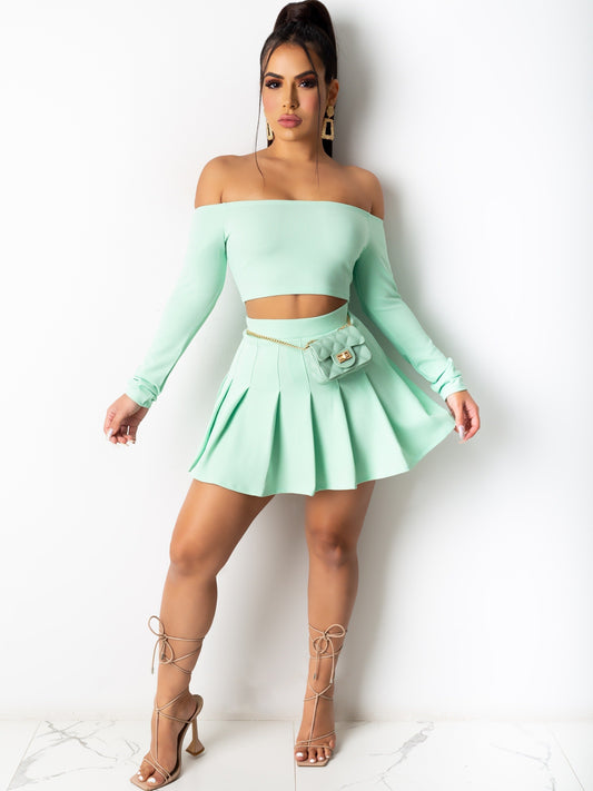 vlovelaw  Solid Elegant Two-piece Set, Off Shoulder Long Sleeve Crop Top & Pleated Mini Skirt Outfits, Women's Clothing