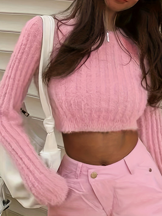 vlovelaw Y2K Solid Crew Neck Crop Sweater, Long Sleeve Sweater For Spring & Fall, Women's Clothing