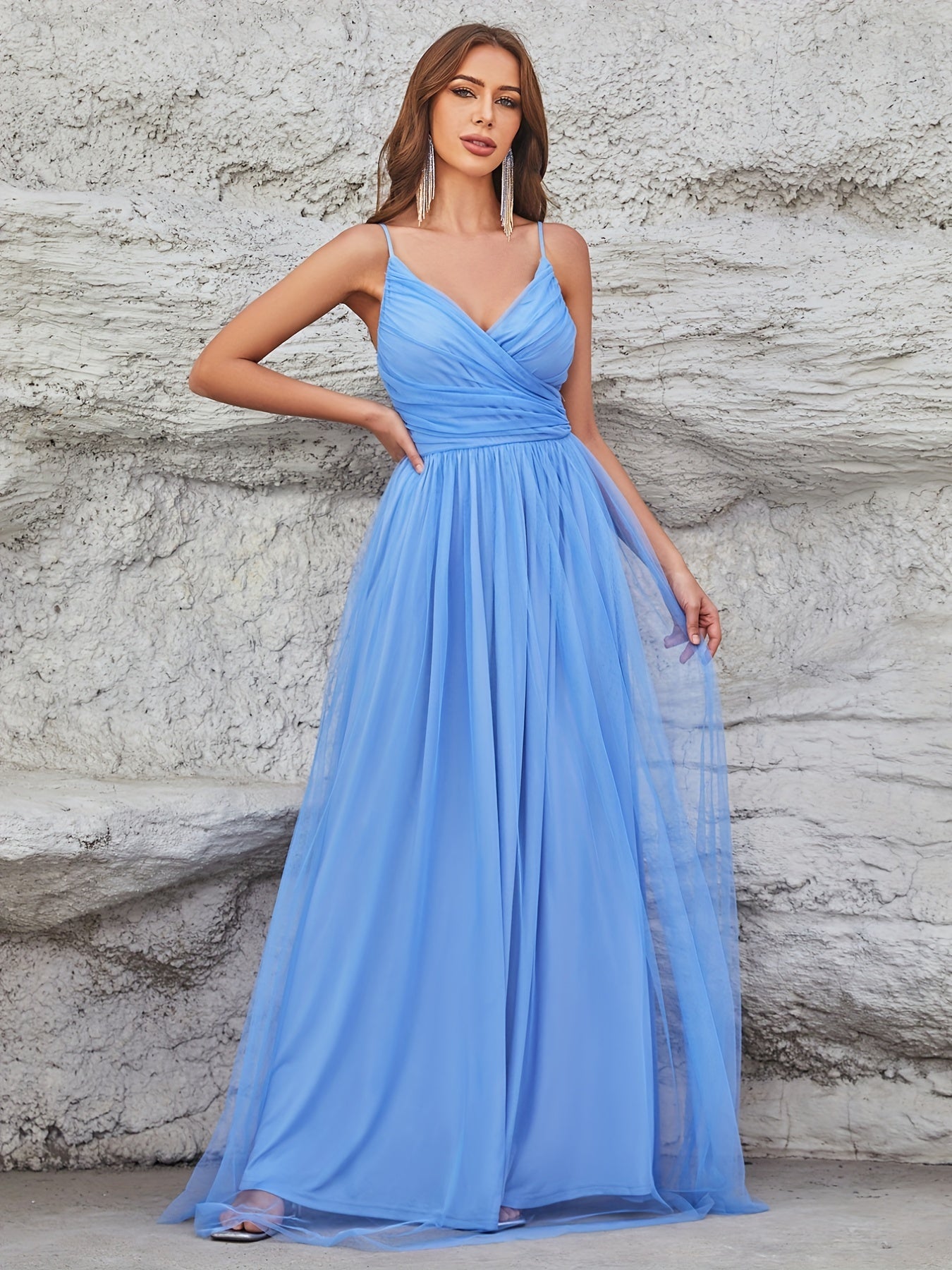 Solid Surplice Neck Cami Dress, Sexy Pleated Sleeveless High Waist Maxi Party Dress, Women's Clothing