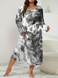 vlovelaw Plus Size Elegant Loungewear Dress, Women's Plus Tie Dye Fluid Print Long Sleeve Round Neck Sleep Dress