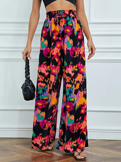 vlovelaw  Allover Print Wide Leg Ants, Elegant Paper Bag Waist Long Length Pants, Women's Clothing