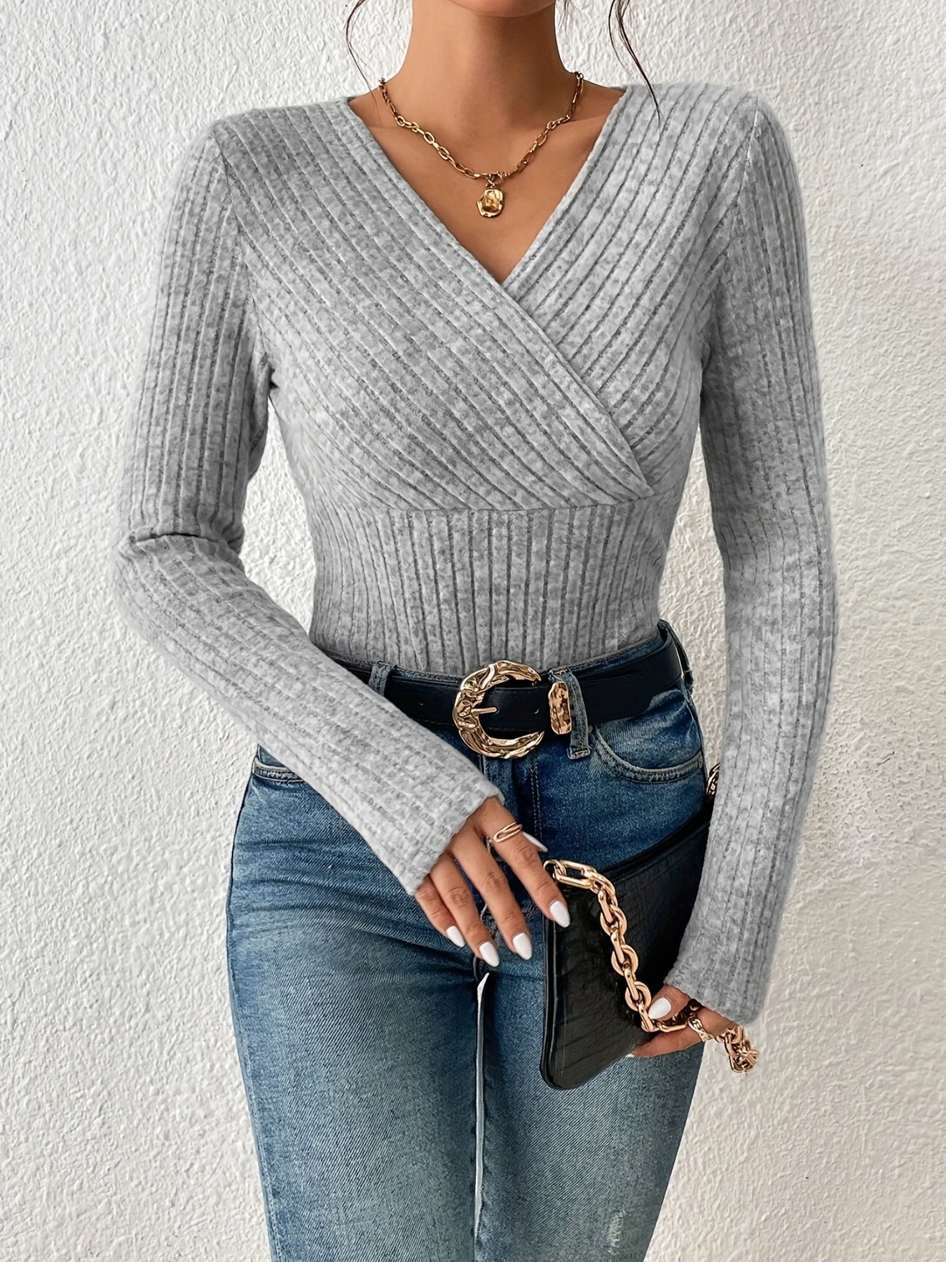 vlovelaw Ribbed Surplice Neck T-Shirt, Casual Long Sleeve Top For Spring & Fall, Women's Clothing