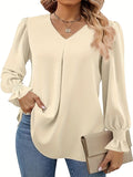 vlovelaw Solid V-neck Simple Blouse, Versatile Lantern Sleeve Blouse For Spring & Fall, Women's Clothing