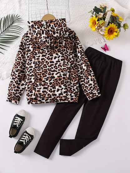 2pcs Yak Graphic Leopard Print Hoodies + Pants Outdoor Set for Girls