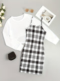 vlovelaw  Casual Two-piece Dress Set, Asymmetrical Hem Long Sleeve Crop T-shirt & Plaid Pattern Cami Dress Outfits, Women's Clothing