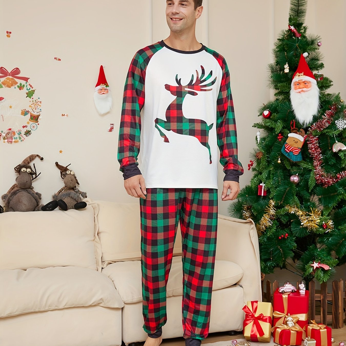 Men's Trendy Casual Christmas Pajamas Sets, Reindeer Plaid Graphic Print Long Sleeve Crew Neck Top & Loose Pants Lounge Wear