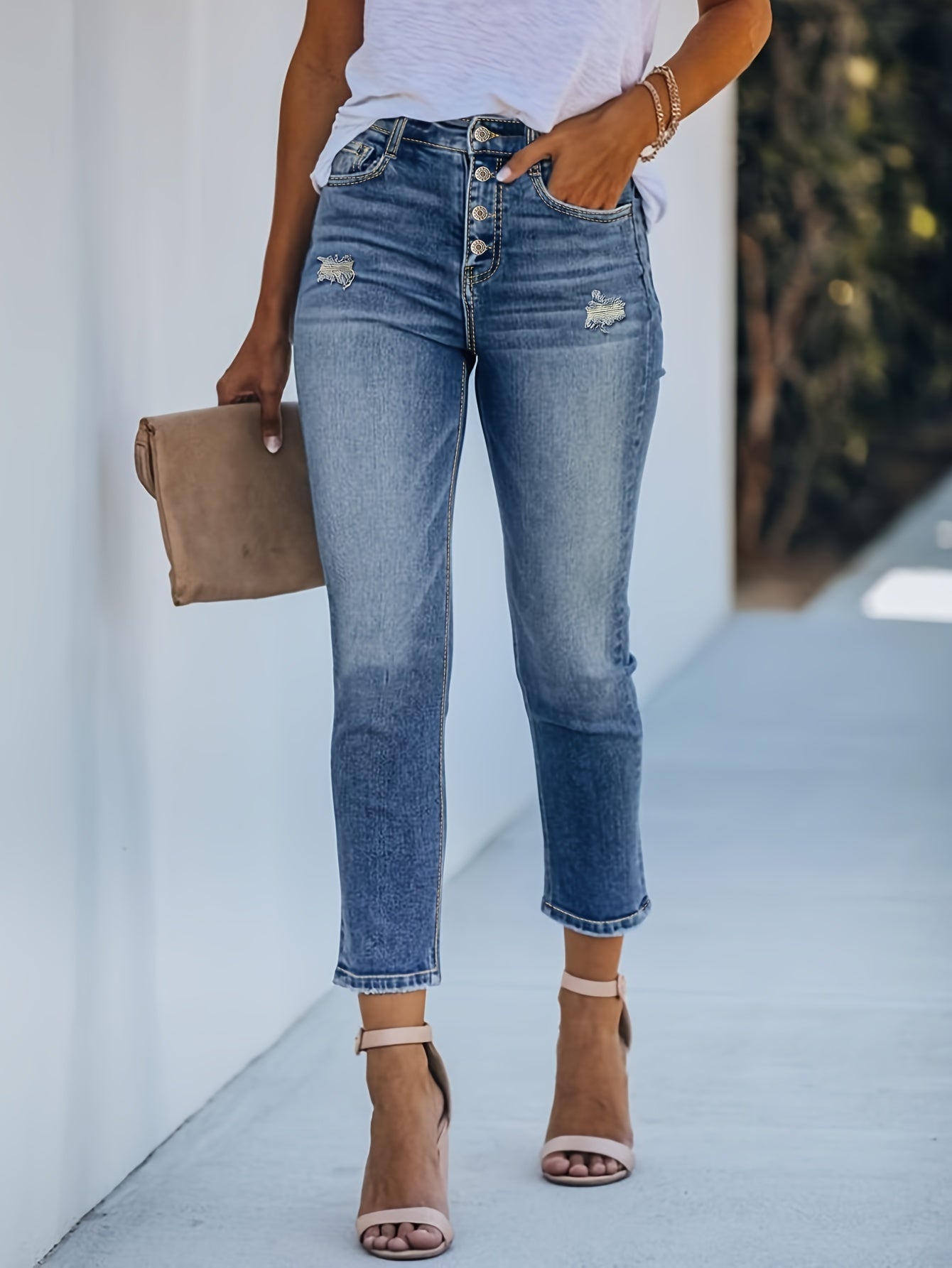 vlovelaw  Ripped Single-breasted Slim Fit Jens, Whiskering Distressed Cropped Denim Pants, Women's Denim Jeans & Clothing