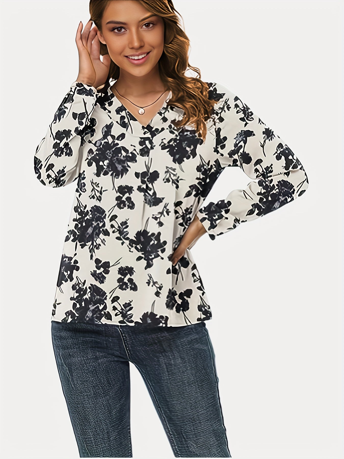 vlovelaw Floral Print V Neck Blouse, Casual Long Sleeve Blouse, Women's Clothing