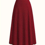 vlovelaw  Houndstooth Print High Waist Skirt, Elegant A-line Maxi Dress, Women's Clothing