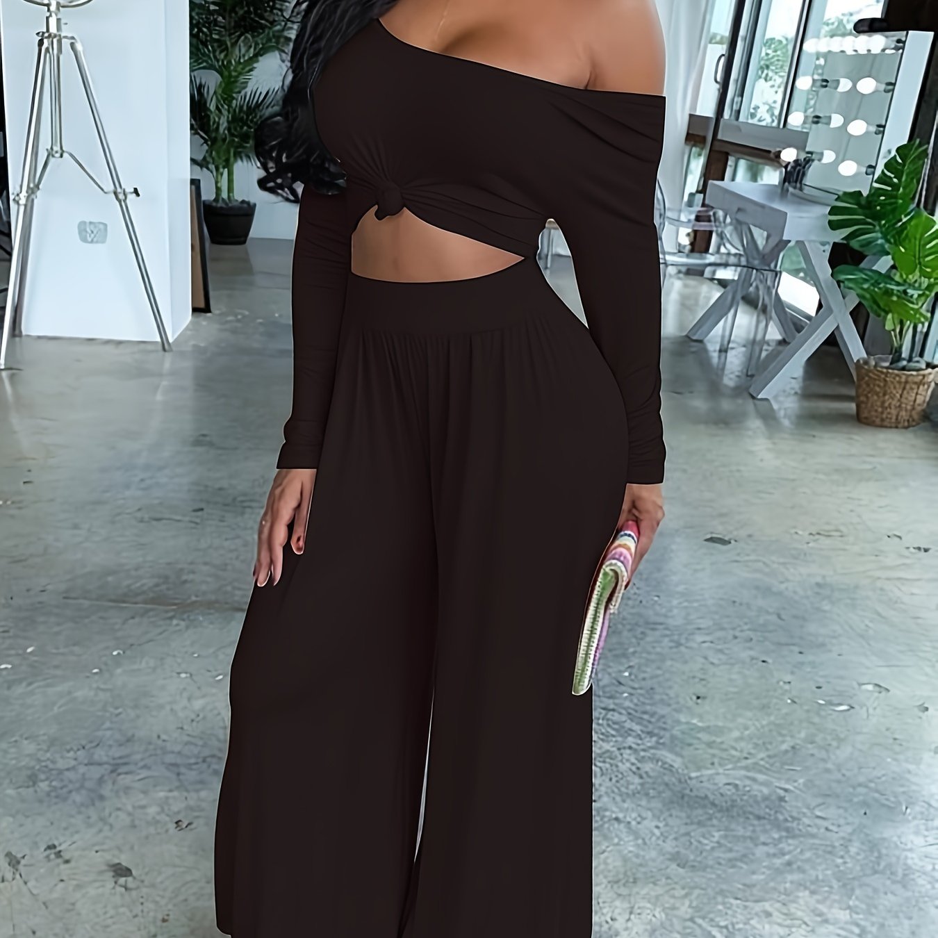 vlovelaw Casual Solid Two-piece Set, Long Sleeve Crop Top & Wide Leg Pants Outfits, Women's Clothing