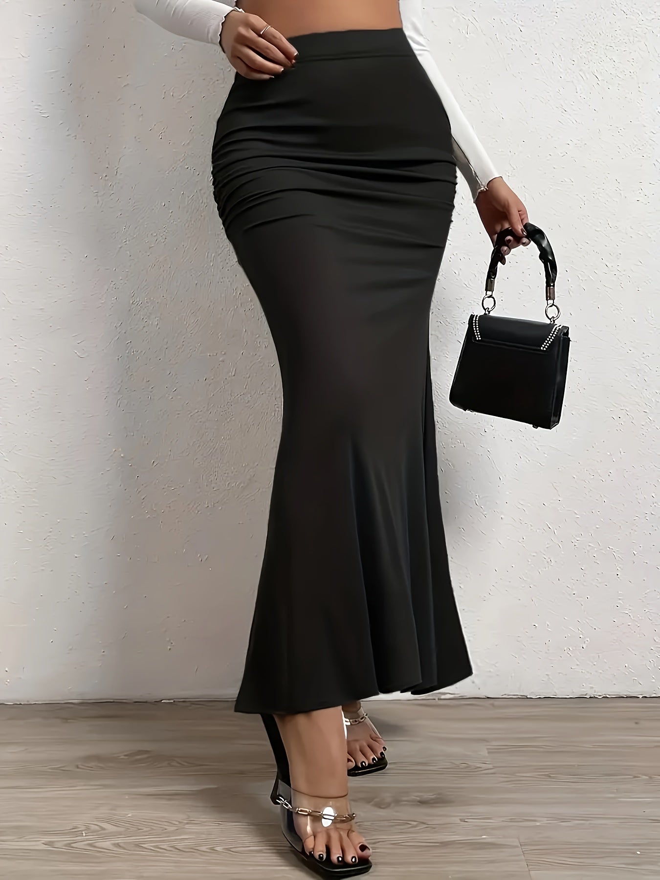 High Waist Mermaid Hem Skirts, Elegant Slim Ruched Maxi Skirts, Women's Clothing