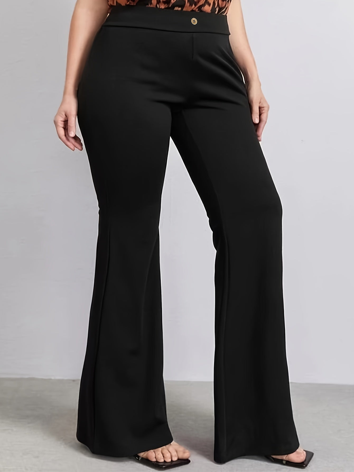 vlovelaw Plus Size Solid Flare Leg Pants, Casual High Waist Pants, Women's Plus Size Clothing