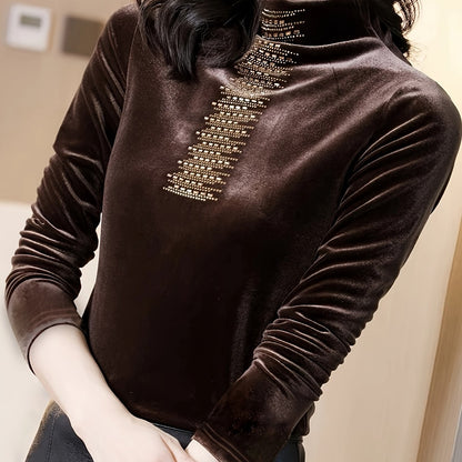 vlovelaw Solid Mock Neck Tee, Elegant Long Sleeve T-shirt For Fall & Winter, Women's Clothing