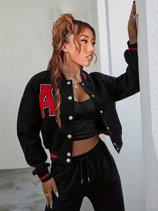 vlovelaw  Alphabets Varsity Jacket, Casual Crop Button Front Jacket, Women's Clothing