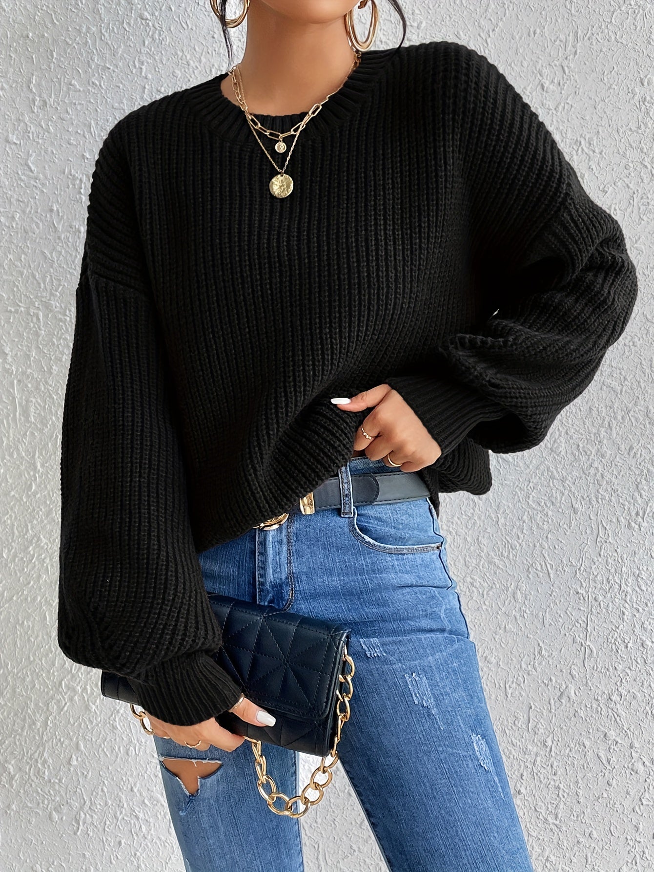 vlovelaw  Solid Crew Neck Pullover Sweater, Casual Long Sleeve Sweater For Fall & Winter, Women's Clothing