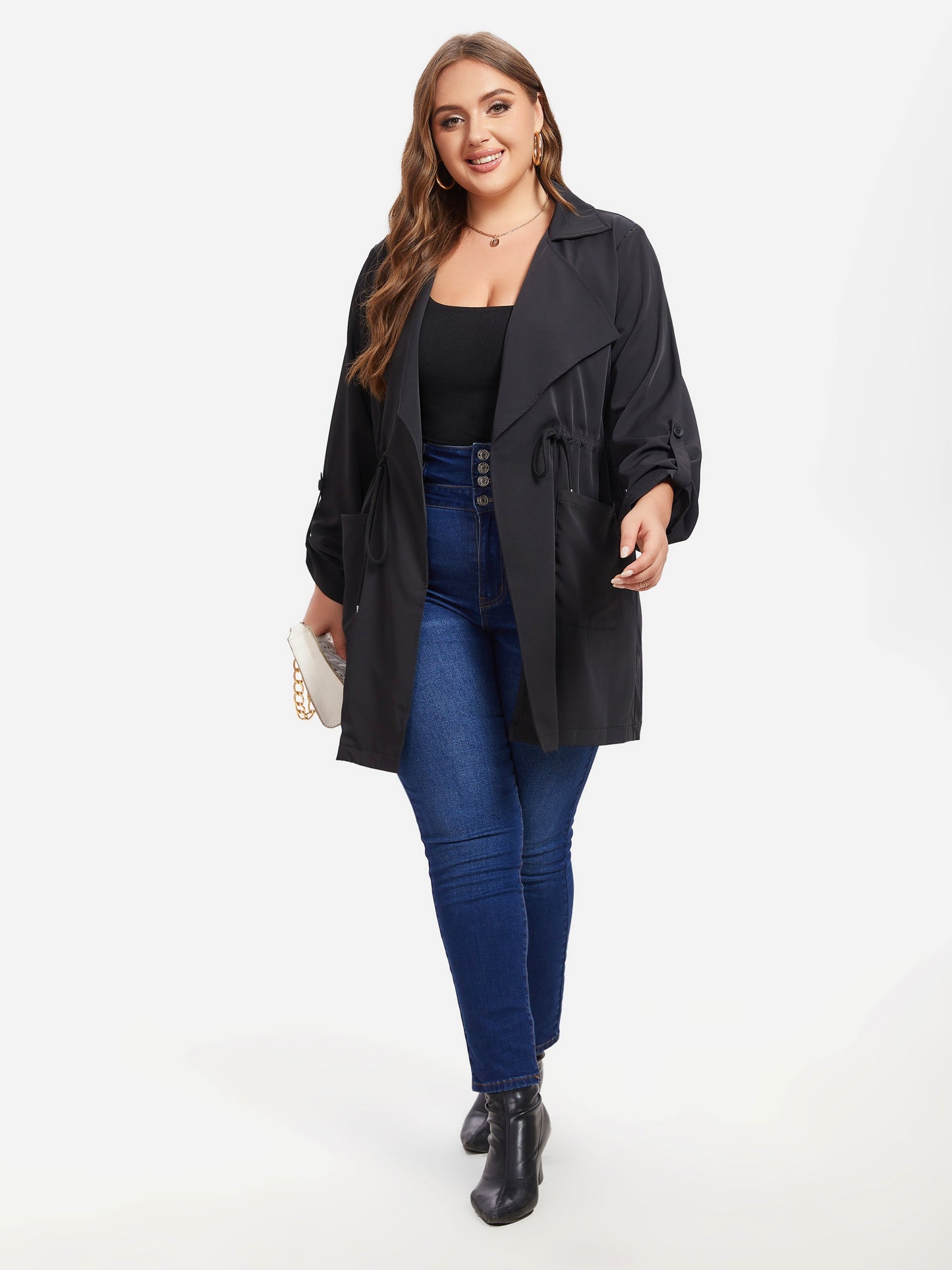 vlovelaw  Plus Size Drawstring Pockets Coat, Casual Long Sleeve Lapel Coat For Fall, Women's Plus Size Clothing