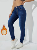 vlovelaw  Fleece Liner Casual Skinny Jeans, Slant Pockets Slim Fit Stretchy Tight Jeans, Women's Denim Jeans & Clothing