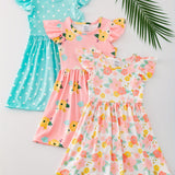 3pcs Sweet Girls Flora Print Flutter Trim Sleeveless Dress Summer Clothes Baby/toddler Girls