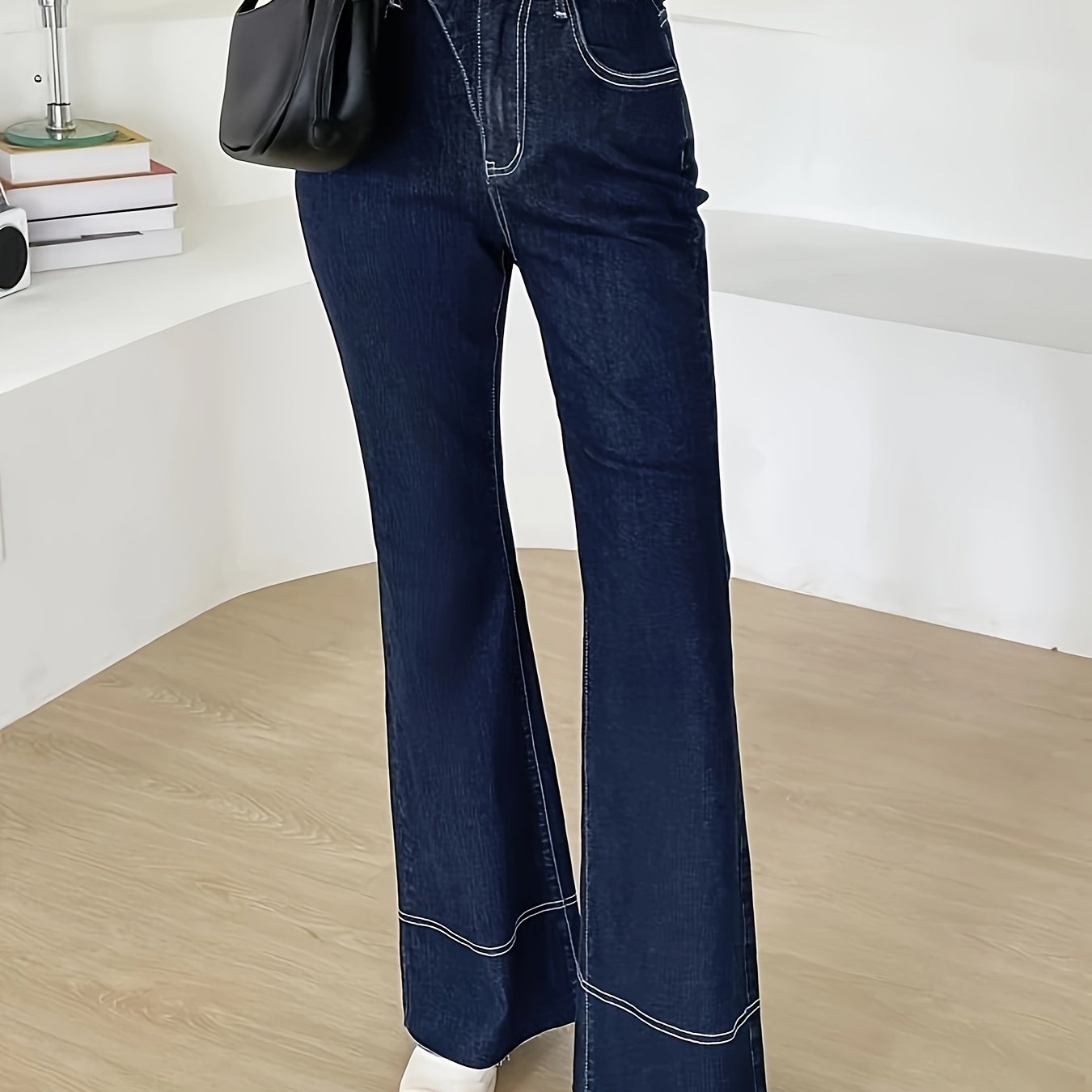 vlovelaw  Contrast Seam Stitching Asymmetric Button Waist Detail Flare Leg Jeans, Plain Dark Blue Medium Stretch Unique Denim Pants, Women's Denim Jeans & Clothing