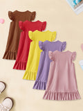 5pcs Girls Charming Ruffle Sleeve Dress Set - Versatile Plain Colors for Everyday Casual Wear, Ideal Summer Style & Gift