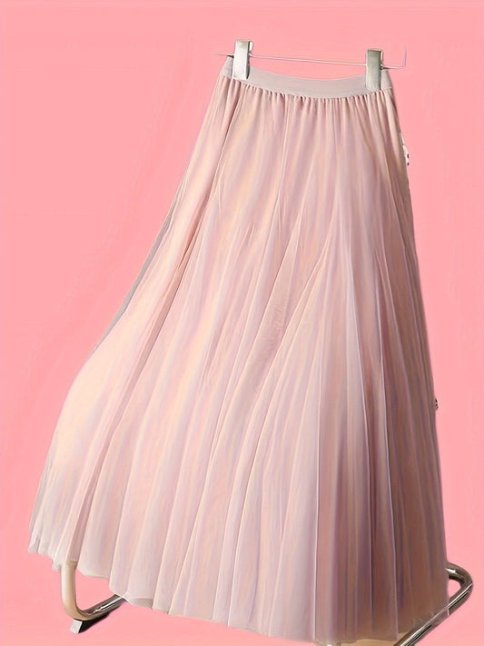 vlovelaw  Solid Pleated Tulle Skirt, Casual Maxi Skirt For Spring & Fall, Women's Clothing