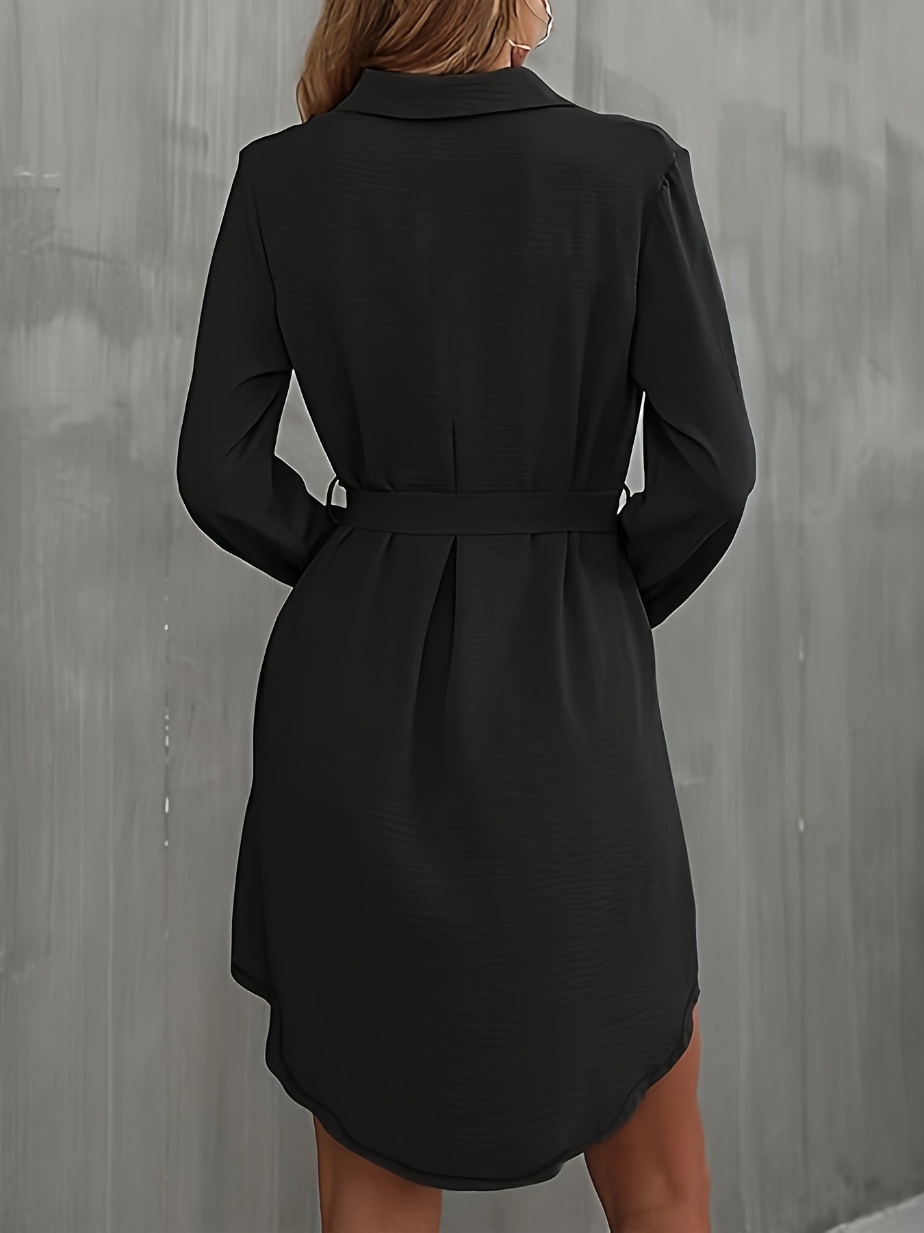 Solid Button Front Shirt Dress, Elegant Long Sleeve Dress With Pockets, Women's Clothing