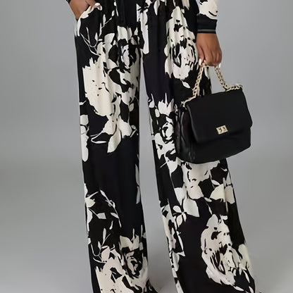 vlovelaw Plus Size Elegant Pants, Women's Plus Floral Print Elastic High Rise High Stretch Wide Leg Trousers With Pockets