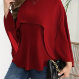 vlovelaw  Plus Size Elegant Blouse, Women's Plus Solid Layered Mesh Batwing Sleeve Round Neck Shirt Top