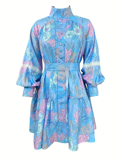 vlovelaw  Floral Print Button Front Dress, Elegant Pleated Long Sleeve High Collar Summer Dress, Women's Clothing