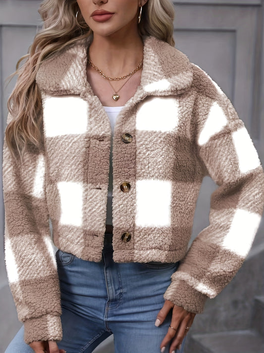 vlovelaw Plaid Teddy Coat, Casual Button Front Long Sleeve Winter Warm Outerwear, Women's Clothing