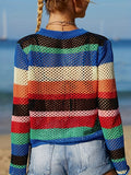 vlovelaw  Colorful Striped Crochet Coverup, Vacation Crew Neck Long Sleeve Coverup, Women's Clothing