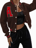 Alphabets Varsity Jacket, Casual Crop Button Front Jacket, Women's Clothing