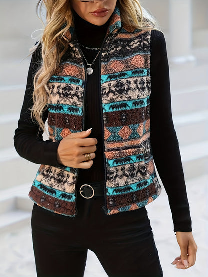 vlovelaw  Allover Print Zip Up Vest Jacket, Casual Sleeveless Plush Jacket For Spring & Fall, Women's Clothing