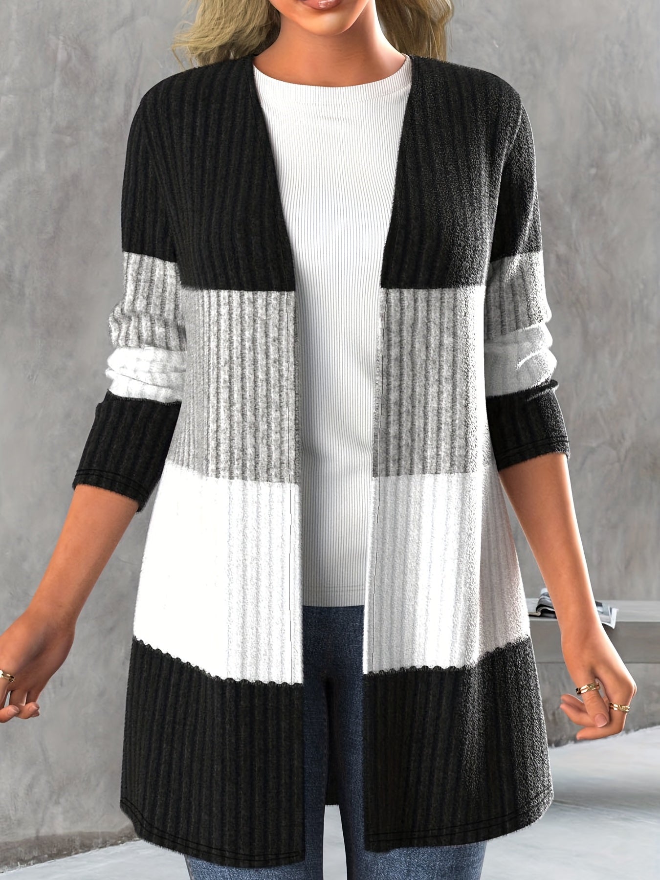 vlovelaw Ribbed Colorblock Open Front Cardigan, Casual Long Sleeve Cover Up Cardigan, Women's Clothing