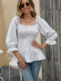 vlovelaw  Floral Ruffle Trim Blouse, Elegant Squared Neck 3/4 Sleeve Shirred Blouse For Spring & Summer, Women's Clothing