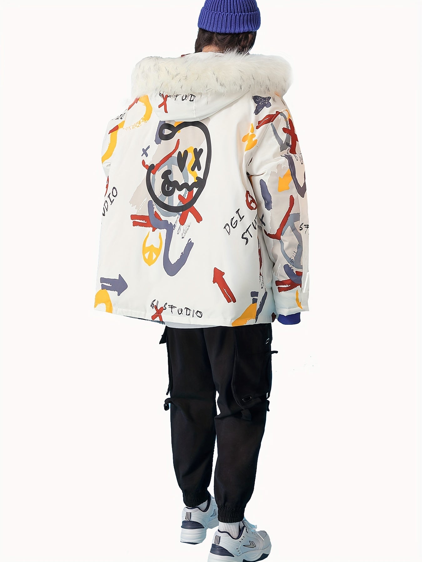 Fluffy Trim Graphic Print Parka, Casual Open Front Winter Warm Outerwear, Women's Clothing