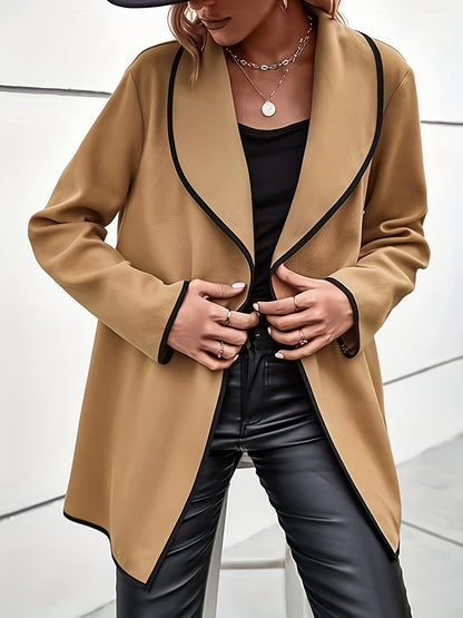 Contrast Trim Open Front Coat, Casual Long Sleeve Coat For Fall & Winter, Women's Clothing