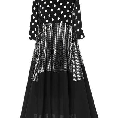 vlovelaw  Polka-dot Stitching Dress, Crew Neck Long Sleeve Dress, Casual Every Day Dress, Women's Clothing