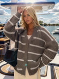 vlovelaw  Striped Button Front Knitted Cardigan, Casual Long Sleeve Cardigan, Women's Clothing