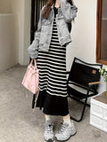 Stripe Print Long Sleeve Knit Dress, Casual Crew Neck Mid Calf Dress, Women's Clothing