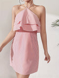 Striped Ruffle Layered Hem Halter Dress, Elegant Backless Lace Up Dress For Spring & Summer, Women's Clothing