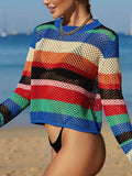 vlovelaw  Colorful Striped Crochet Coverup, Vacation Crew Neck Long Sleeve Coverup, Women's Clothing