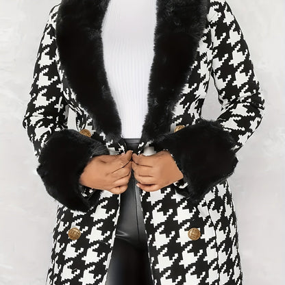 vlovelaw  Houndstooth Faux-Fur Trim Outwear, Elegant Double Breasted Long Sleeve Belted Coat For Winter, Women's Clothing