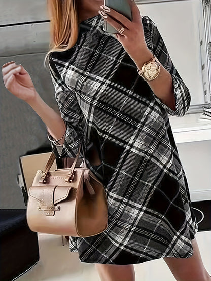 vlovelaw  Plaid Print Mock Neck Dress, Elegant Long Sleeve Above Knee Dress, Women's Clothing