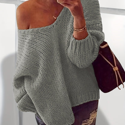 Solid V Neck Knitted Top, Casual Long Sleeve Pullover Sweater For Spring & Fall, Women's Clothing