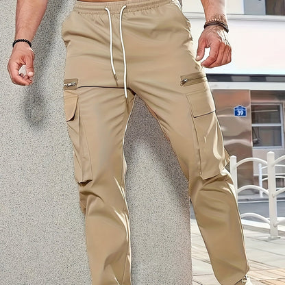 vlovelawMen's  Trendy Solid Tactical Pants, Casual Multi Pockets Trousers For Outdoor