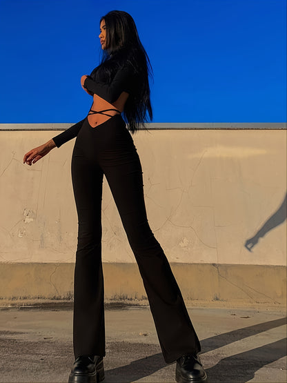 vlovelaw  Solid Criss Cross Flare Leggings, High Waist Fitted Open Navel Criss Cross Strap Black Flare Pants, Women's Clothing